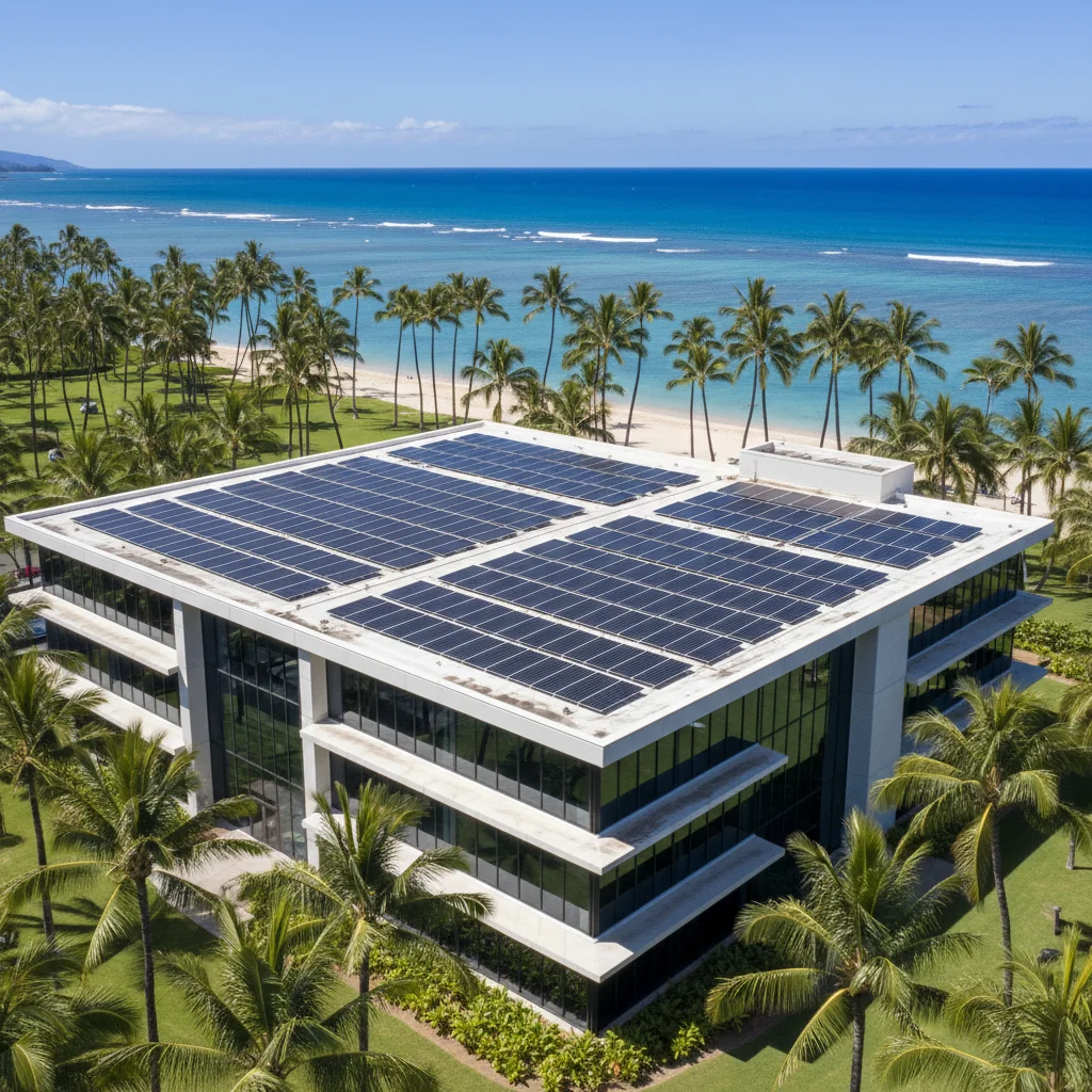 Aerial view of a modern oceanfront commercial building with rooftop solar panels, palm trees and a tropical beach