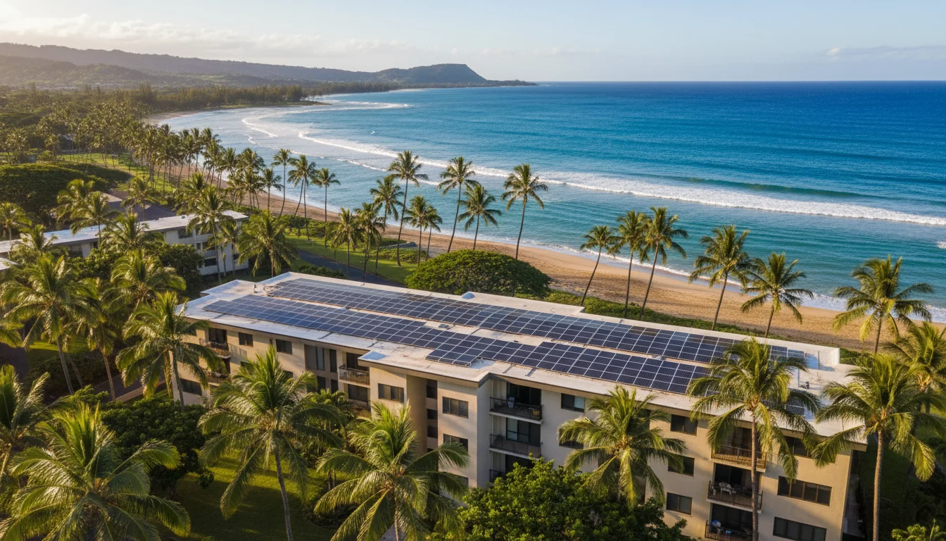 Aerial view of a beachfront Hawaiian apartment building with rooftop solar panels, palm trees and the Pacific ocean