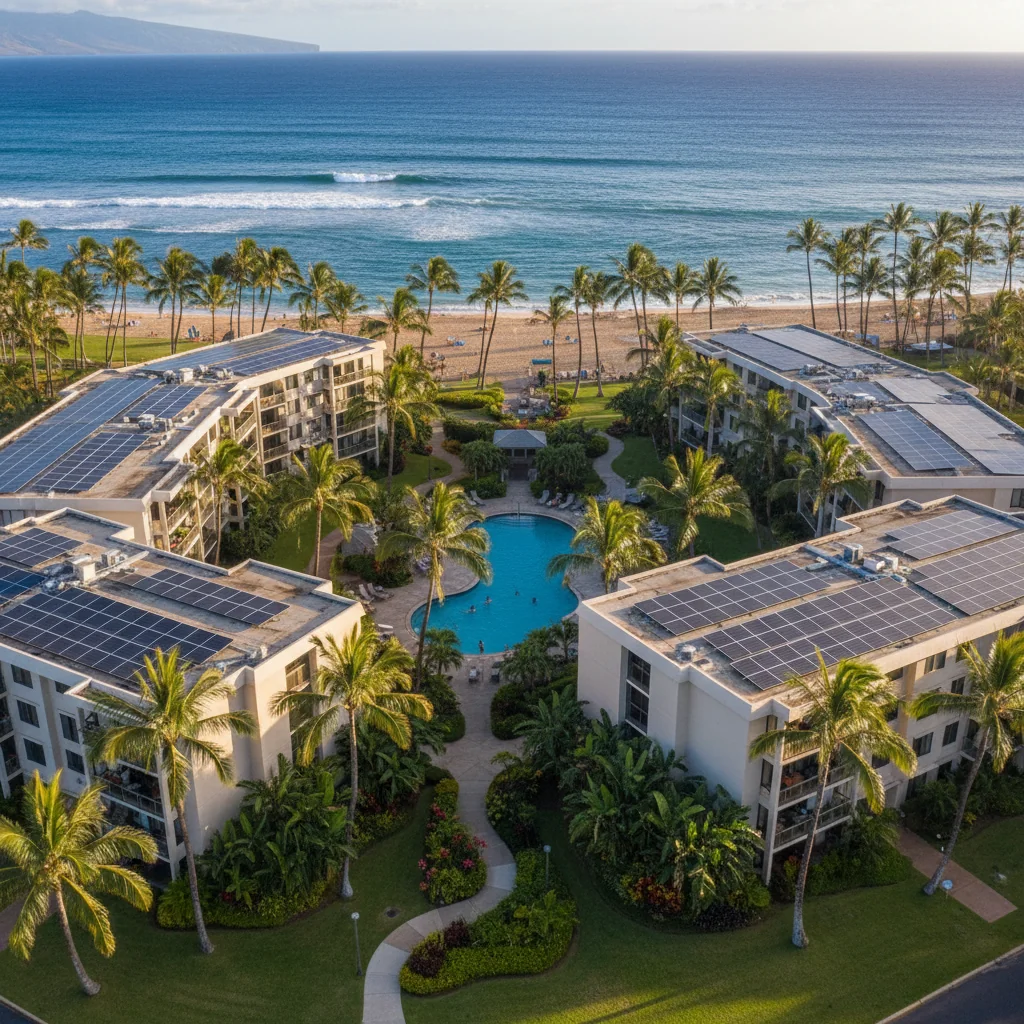 Aerial view of a beachfront multi-family apartment complex in Hawaii with rooftop solar panels, a pool courtyard and palm trees