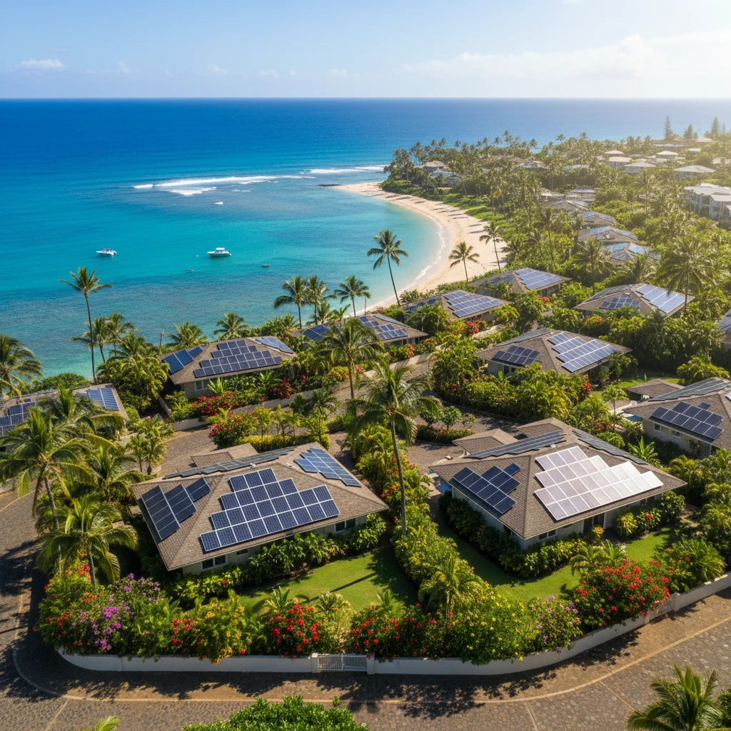 Aerial view of tropical single-family vacation rental homes with rooftop solar panels near a turquoise ocean beach